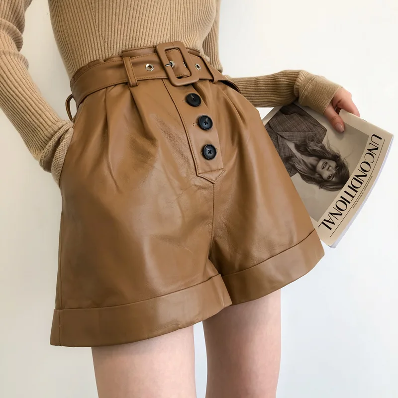 

2021 Spring and Autumn New Genuine Sheepskin High Waist Thin Belt Ruffled Leather Pants Wide Leg Pants Women's Belt Shorts