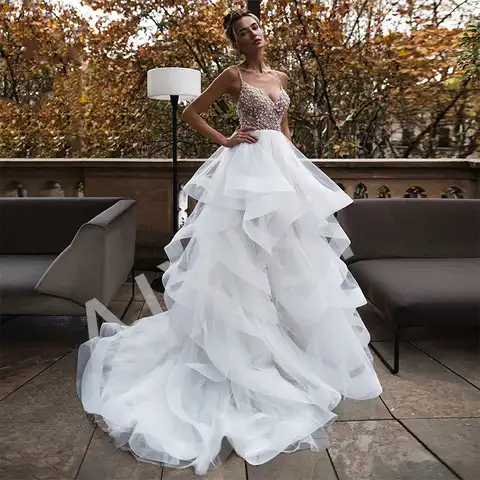 Wedding Dresses Sexy Spaghetti Straps Sparkling Beading Rhinestones Tulle  A Line Bridal Robe De Mariee Bride Vestido Pleat