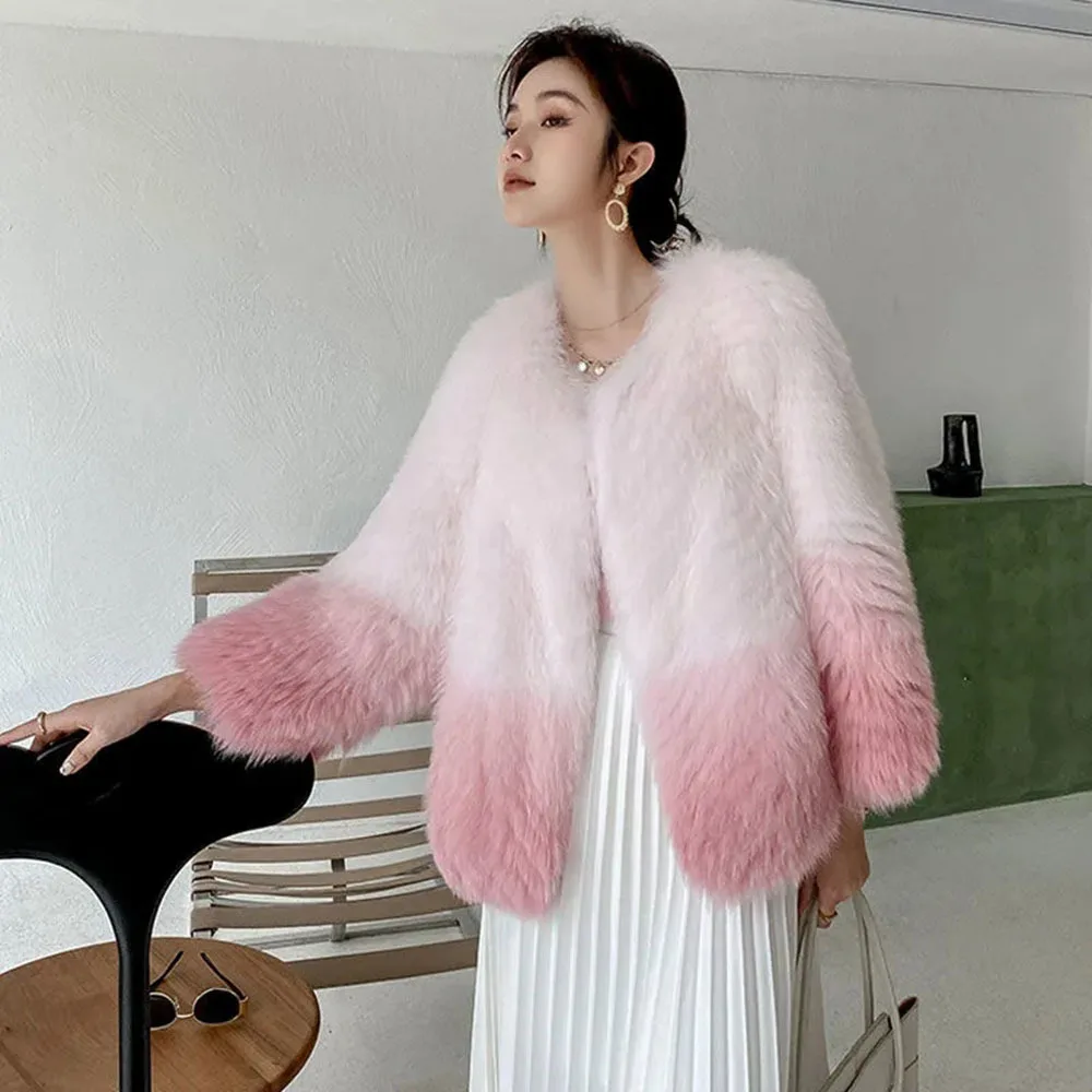 Winter Faux Fox fur faux Gradient Color Coat Female Profile pink Jackets Casual Warm Autumn Outerwear Lady Elegant Fur Jacket