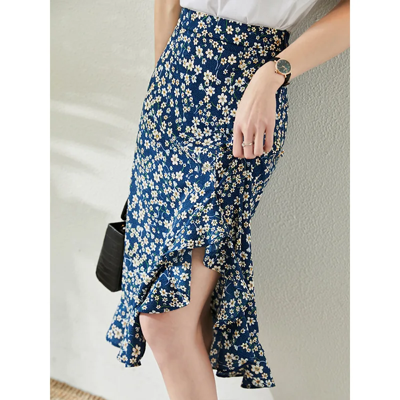 

2023 Women's Summer Silk Fishtail Skirt New Ruffled Hem Split Floral Wrapped Hip Mid-length High-waisted