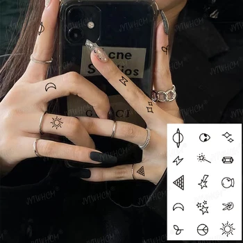 Pegatina de tatuaje temporal impermeable para mujeres, tatuaje pequeño pintado a mano, arte corporal, tatuaje falso, dedo, Henna, Flash, negro 1