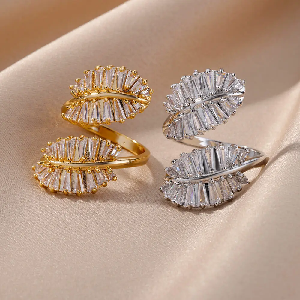 

Luxury Zircon Double Leaves Rings For Women Gold Plated Stainless Steel Adjustable Open Ring Wedding Aesthetic Jewerly Gift