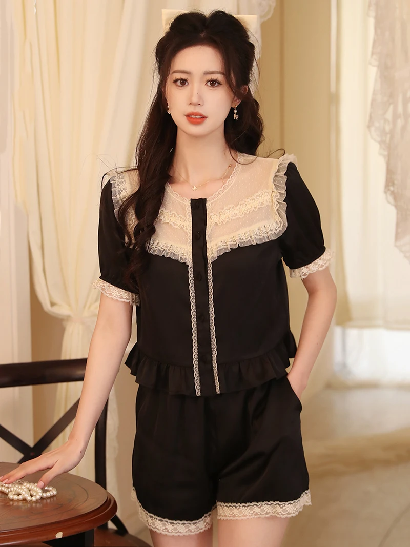 French Silk Pajamas Two Piece Suits Vintage Lace Ruffles Kawaii Shirt and Shorts Victorian Nightgowns Women Summer Sleepwear