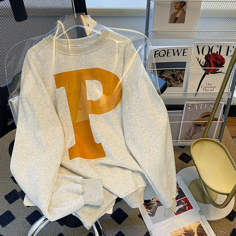 Women's Autumn and Winter Thin Sweatshirt New Round Neck Women Loose Long Sleeved Tops Letter Printed Tshirts Pullover Women