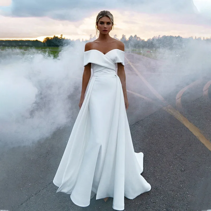 Vestidos De Novia Mermaid Wedding Dress Off the Shoulder Simple Robe De Mariage Detachable tRAIN Satin Trouwjurk Bride Dresses