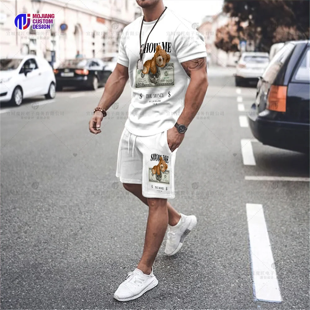 Men's Fun Bear Print T-Shirt Set Fashion Hip Hop Harajuku Short Sleeve Top Casual Oversized O Neck Street Shorts Clothing