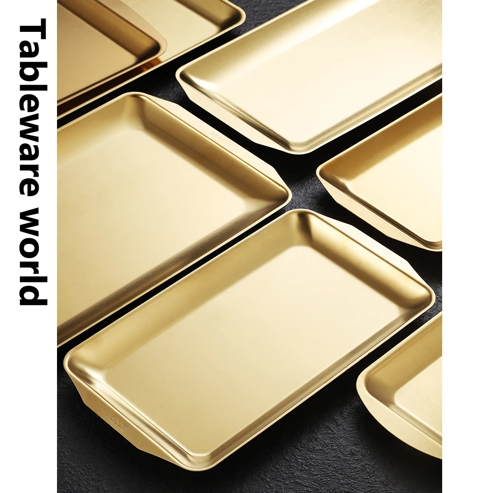 Продажа Плотная Золотая сервировочная тарелка из нержавеющей стали, тарелка для ресторана, рыбы, барбекю, шампуров, морепродуктов, суши, прямоуголь...