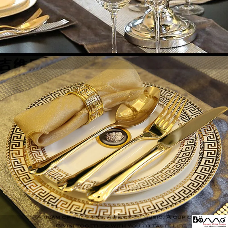 

High-grade Bone China Tableware Set Luxury European Cutlery Dinnerware Ceramic Steak Plate Coffee Cup and Saucer Kitchen Gift