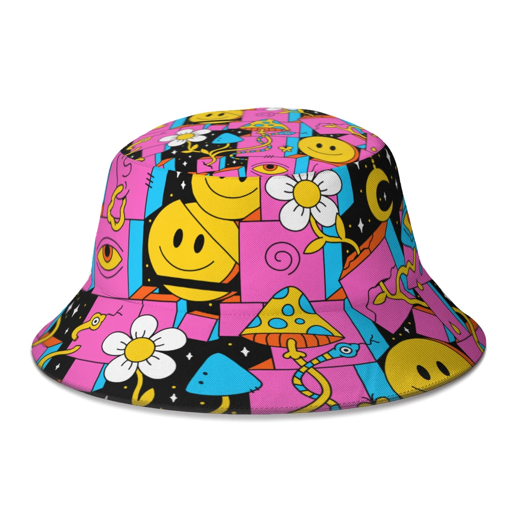 Sombreros de cubo Trippy Space de invierno para niño y niña, ropa de calle psicodélica, Smiley, setas mágicas, sombrero de pescador, sombrero Boonie decorativo
