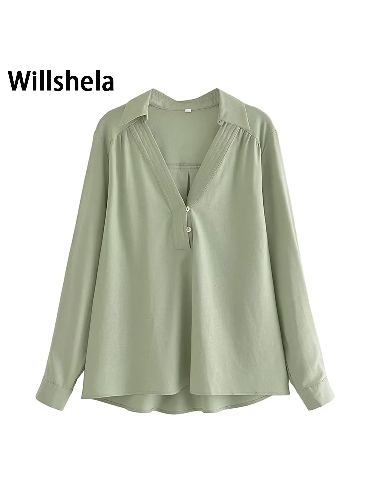 

Willshela Женская модная однотонная блузка с пуговицами, винтажная блузка с v-образным вырезом и длинными рукавами, женские шикарные рубашки