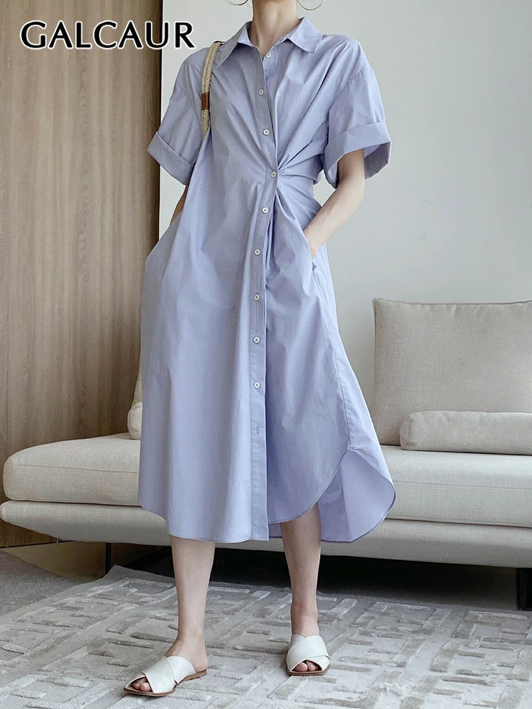 

Платье GALCAUR женское однотонное с рюшами, свободное Элегантное Длинное с отложным воротником и рукавом до локтя, с завышенной талией, весна ...