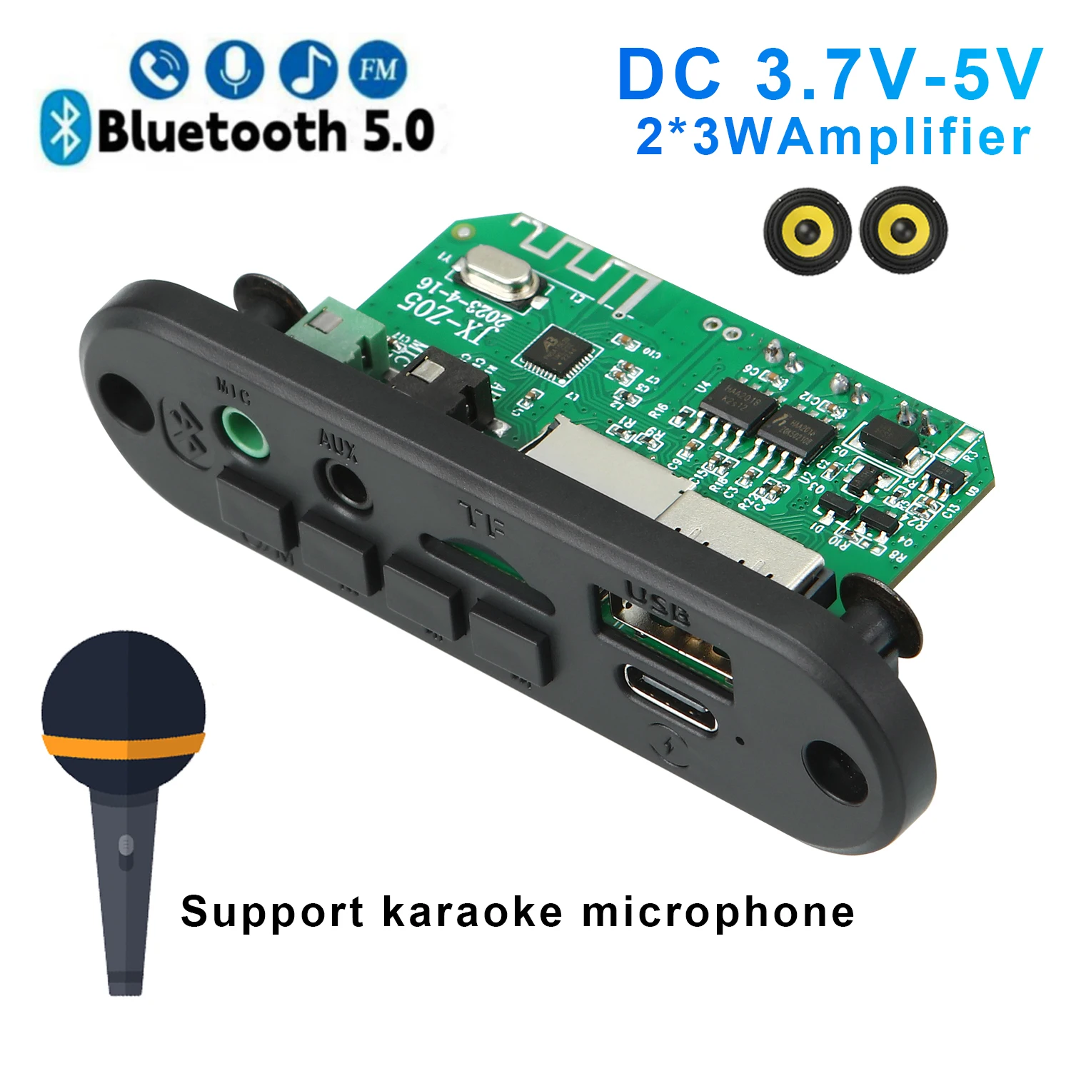 

DC 3.7V-5V Bluetooth MP3 Decoder Board 6W Amplifier Car MP3 Player 3.5mm Microphone Handsfree Call Recording TF AUX USB FM Radio