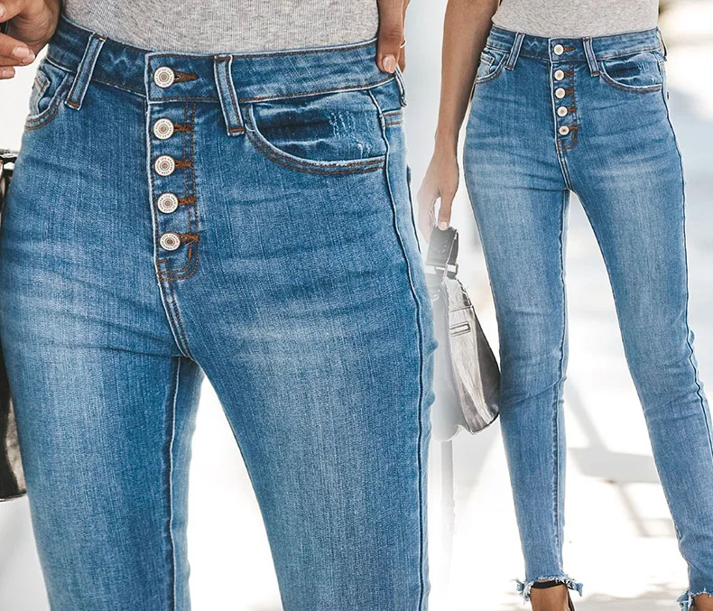 Fashion women button holes, women's feet, 3 colors, women's skinny jeans, street jeans, cotton high-waist pants, slim stretch