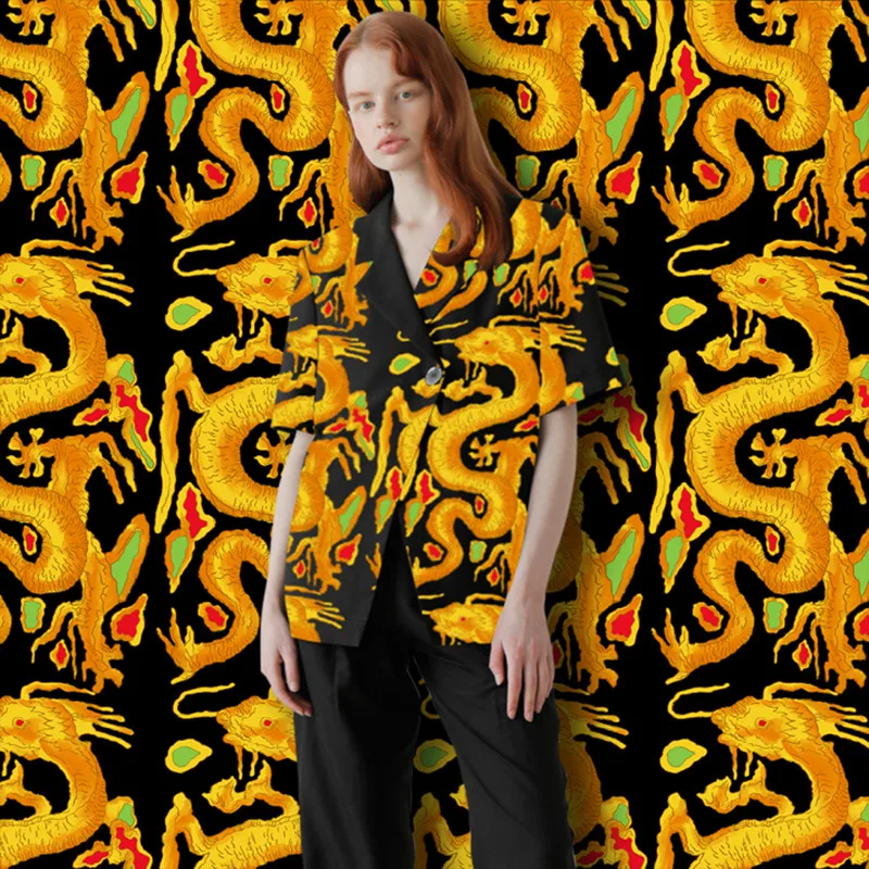 Spring Summer Ladies Shirt Polyester Fabric Handmade DIY Sewing Dress Black Bottom Golden Dragon Pattern Print Fashion Fabric