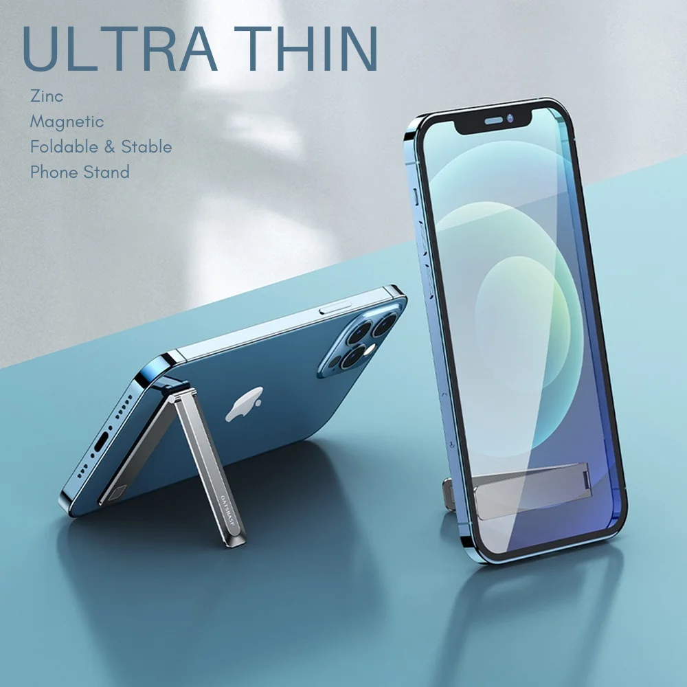 Ultra Thin Foldable Zinc Phone Stand for IPhone 11 12 13 Pro Max Xiaomi Mini Metal Magnetic CellPhone Holder 3M Adhesive No Mark