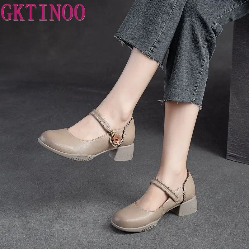 

GKTINOO 2023 Vintage Women Pumps Comfortable Genuine Leather High Heel Shoes Women Round Toe Casual Thick Heel Mother Shoes