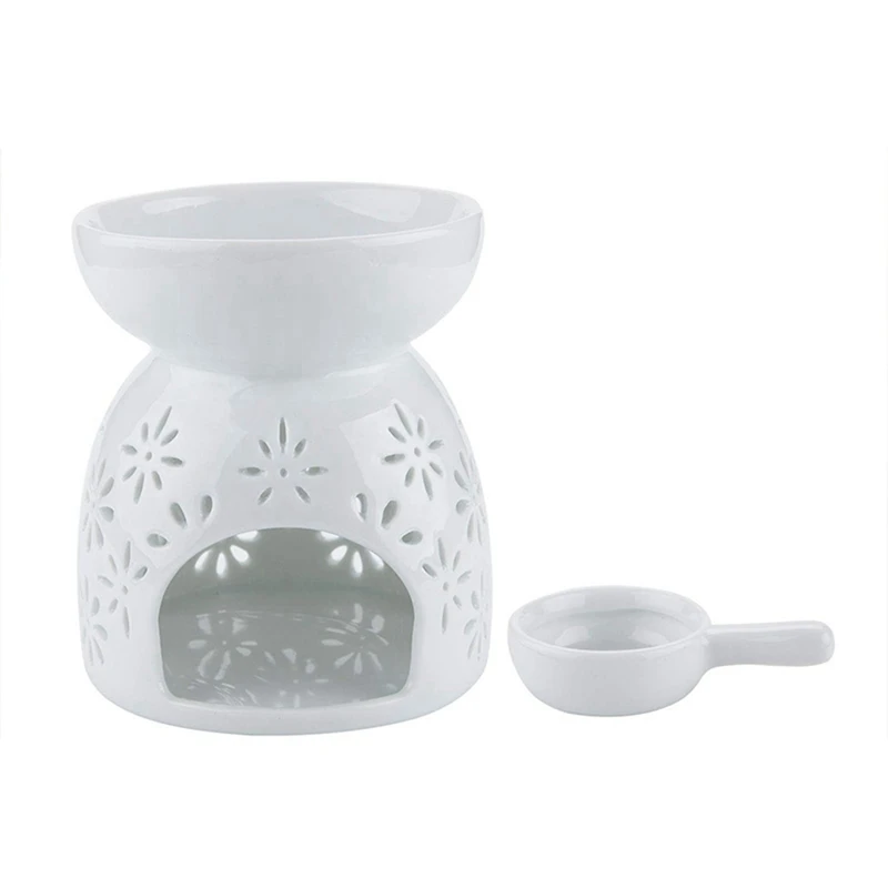 

Ceramic Tealight Candle Holder Oil Burner, Essential Oil Incense Aroma Diffuser Furnace White Set Of 4 - Floral Pattern