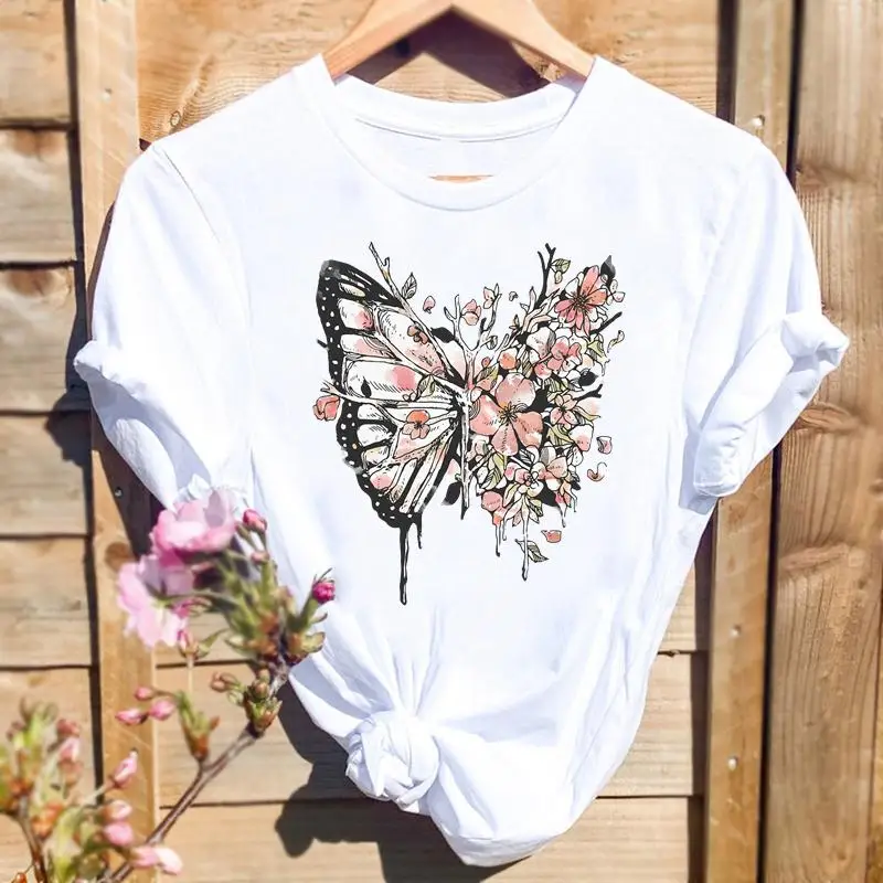 

Футболка женская с коротким рукавом, модный топ с рисунком акварелью, бабочкой, цветочным принтом, летняя рубашка с принтом, весна-лето