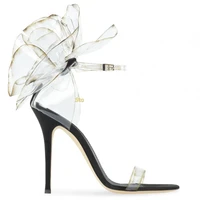 back flowers designer transparent pvc high heel sandals thin heeled dress shoes cover heel ankle strap stiletto sandals