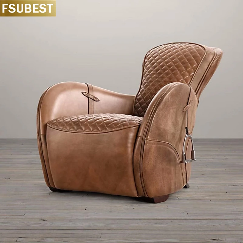 

FSUBEST Antique Hotel Lounge Meeting Room Cigar Tan Leather Accent Sofa Retro Living Room Chairs Sillones Living