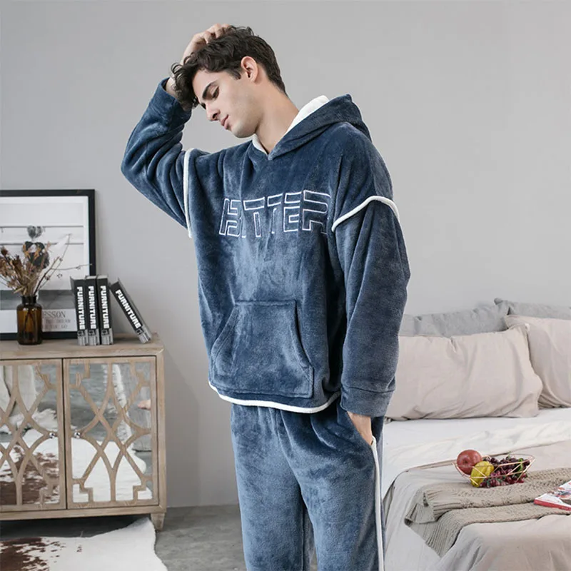 2021 New Hooded Flannel Men's Pajama Pants 2 Pieces/Set Winter Thick Warm Sleepwear For Couples Casual Loose Home Costumes Set