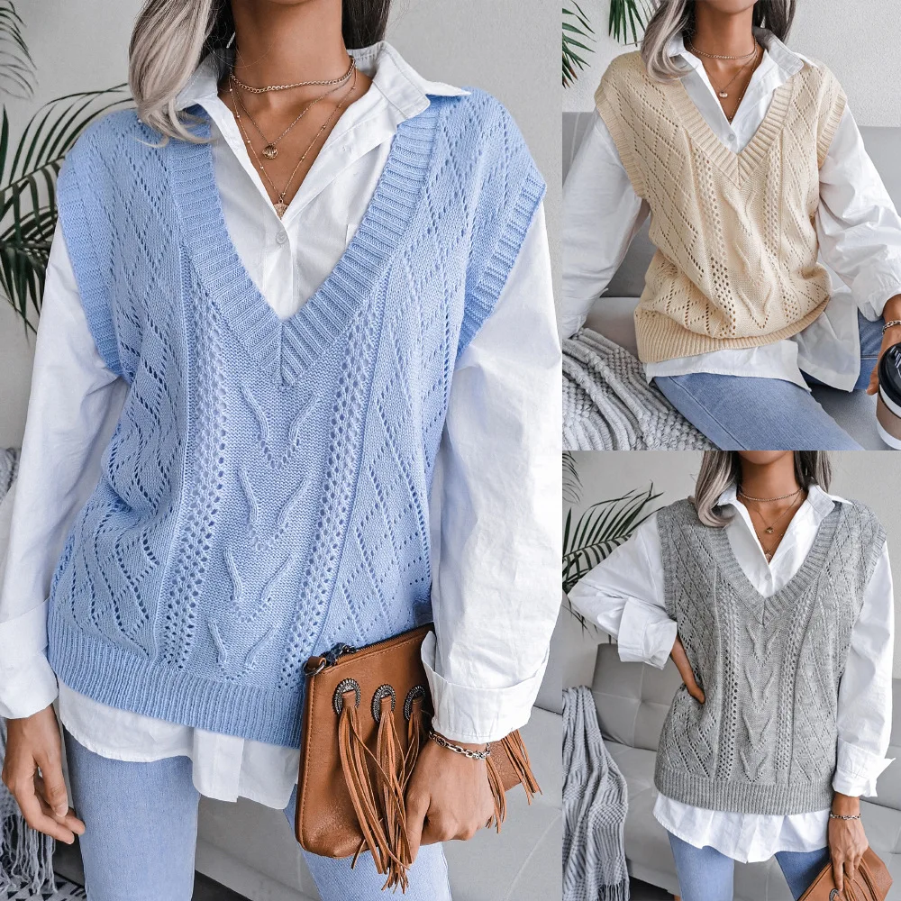 

Openwork twisted V-neck knit vest sweater tops knit vest