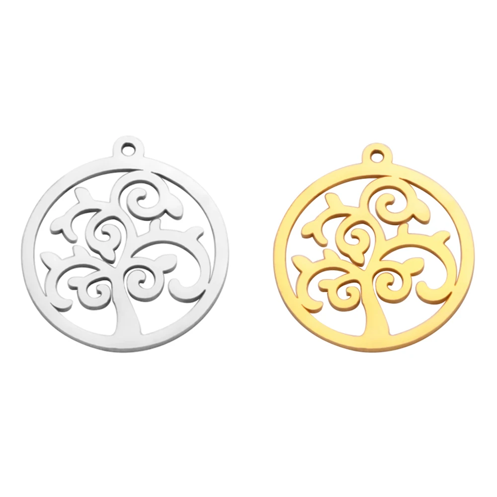 5pcs/Lot Stainless Steel Hollowed Tree Pendants Components For Jewelry Making Round Charms Accessories For Necklace Bracelet Diy