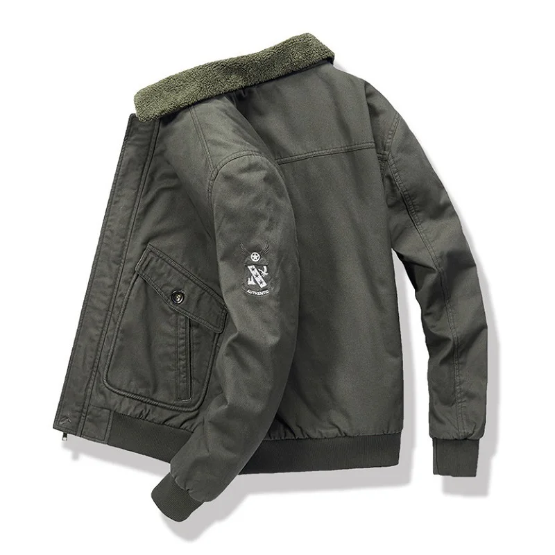 Men's Fashion Plus Velvet Washed Cotton Lapel Jacket Autumn and Winter Bomber Jacket Loose Overalls Winter Coat Men's Clothing