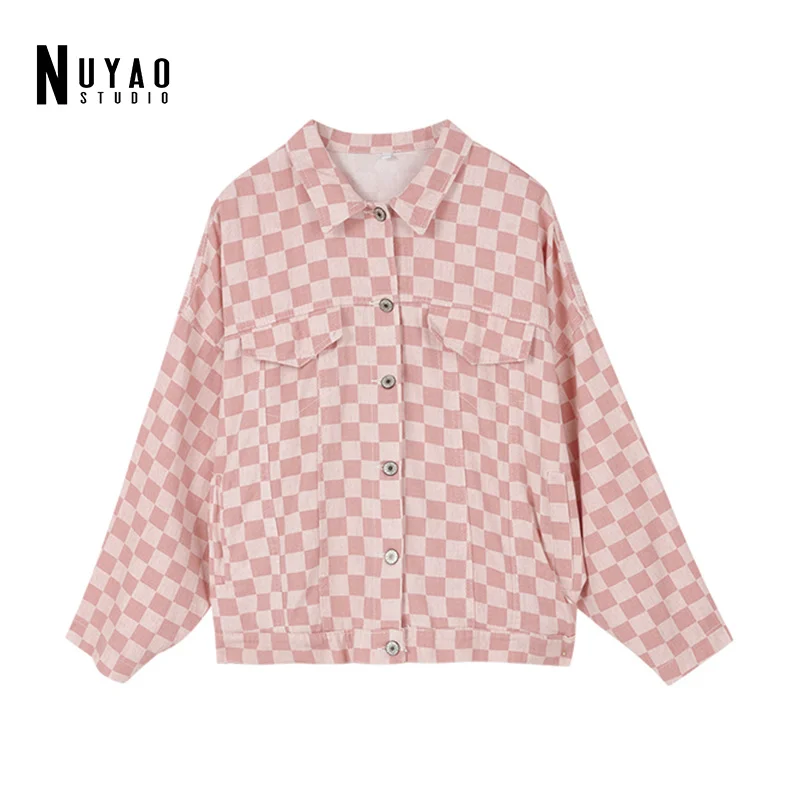 

Autumn Women Checkerboard Jacket Korean Plaid Dark Line Loose Wild Large Size Street Couple Long-sleeved Top Female Student Tide