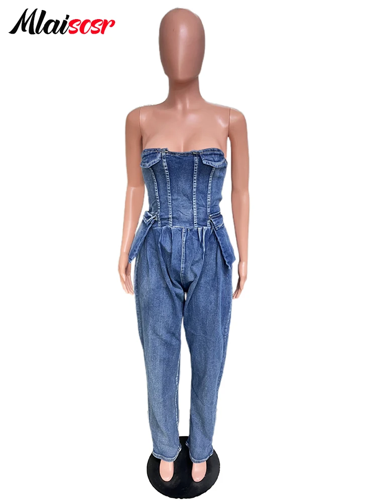 Mlaiscsr синие эластичные джинсовые комбинезоны без бретелек рукавов с карманами и