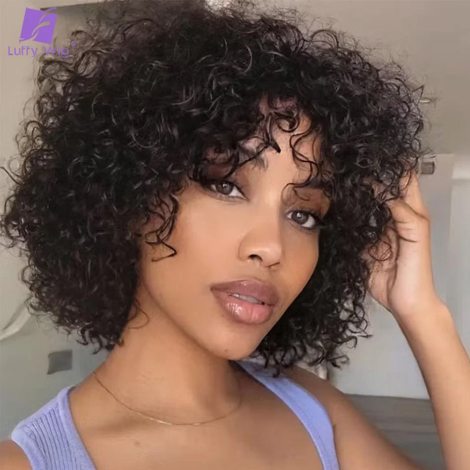 Short Curly Bob Wig with Bangs Human Hair Curly Fringe Human Hair Wigs Machine Made Scalp Top Wig Remy Brazilian Hair Luffywig