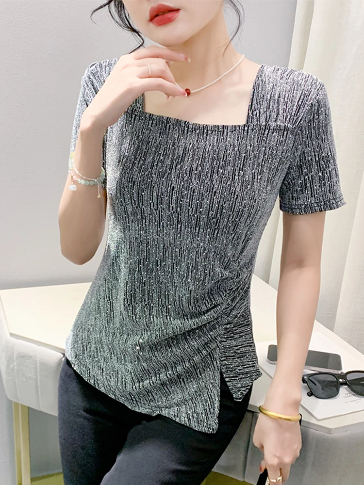Европейские товары Женская футболка с нерегулярным разрезом и коротким рукавом
