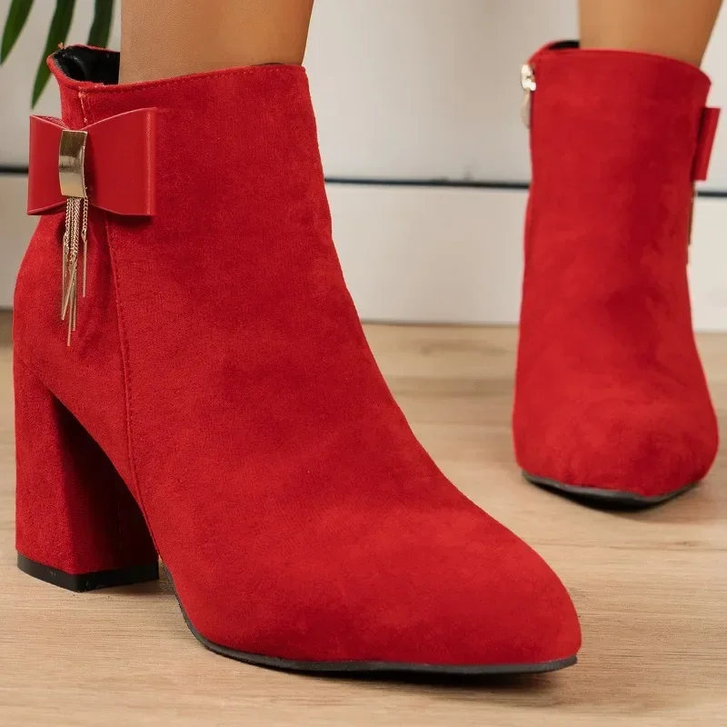 

Женские замшевые ботильоны, красные удобные ботинки на массивной платформе и высоком каблуке, Элегантная классическая обувь для зимы, 2023
