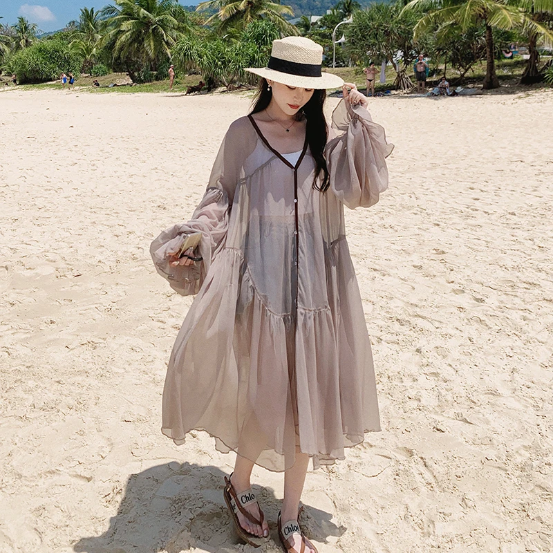 

Женский Длинный тренчкот с оборками, элегантный Свободный Повседневный тренчкот серого цвета для отдыха, одежда для защиты от солнца, прозрачная одежда 2023, лето 7770