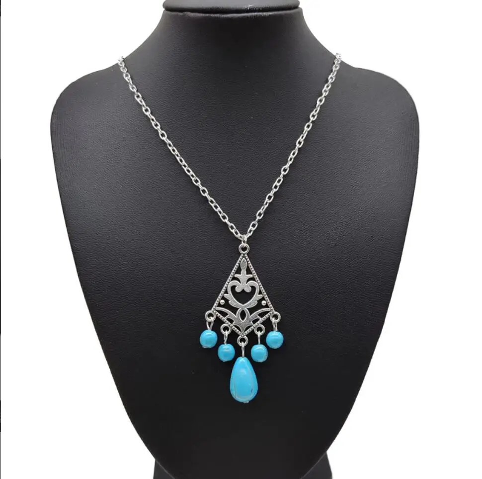 

1PC Women Necklace Sets Vintage Silver Plated Turquoise Stone Necklace Bohemia Statement Hexagonal Water Drop Pendant F1633