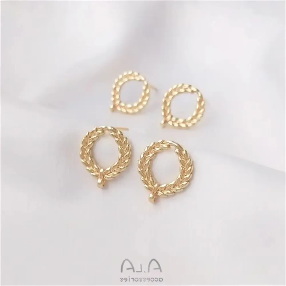 Серьги из пшеницы в золоте 14 карат с подвесными серебряными иглами 925 пробы