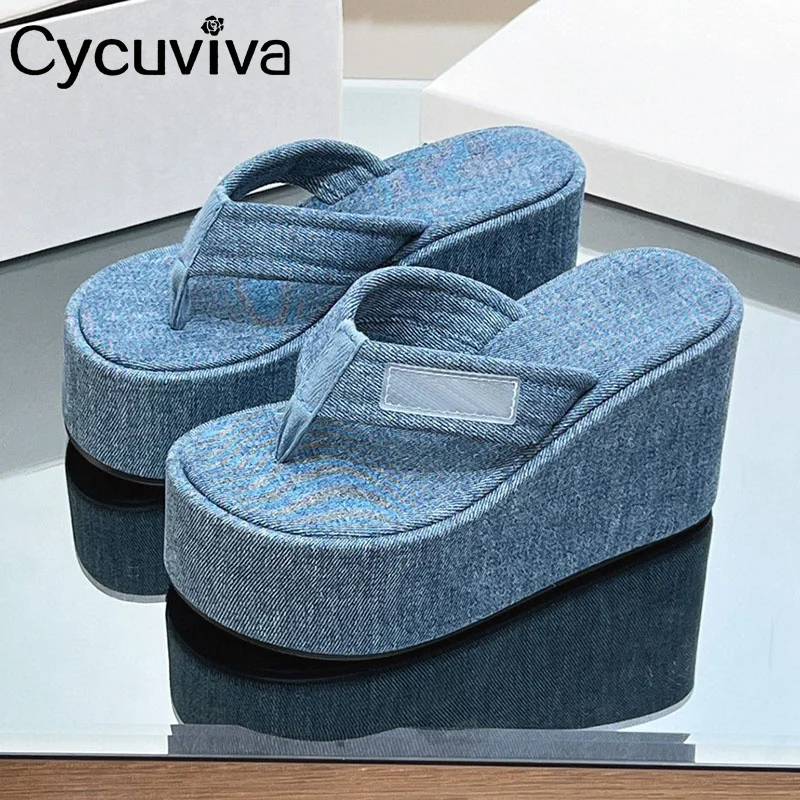 

Шлепанцы женские на танкетке, сланцы, пляжная обувь из денима, на толстой подошве, праздничные летние Тапочки