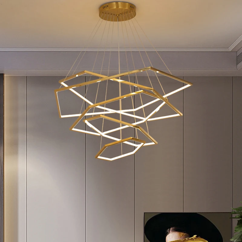 

Современные полированные Позолоченные Стальные Шестигранные светодиодные подвесные светильники для гостиной, столовой, люстры, освещение...