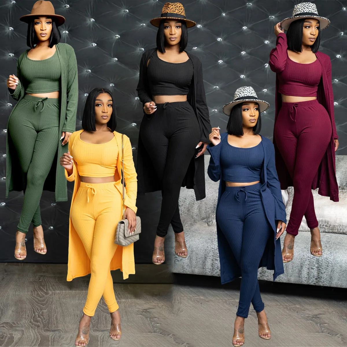 

3pcs/set Winter Knitted Tracksuit Women Long Sleeve Cardigan Cover Coat + Tank Sleeveless Crop Top + Pencil Long Pants Outfit