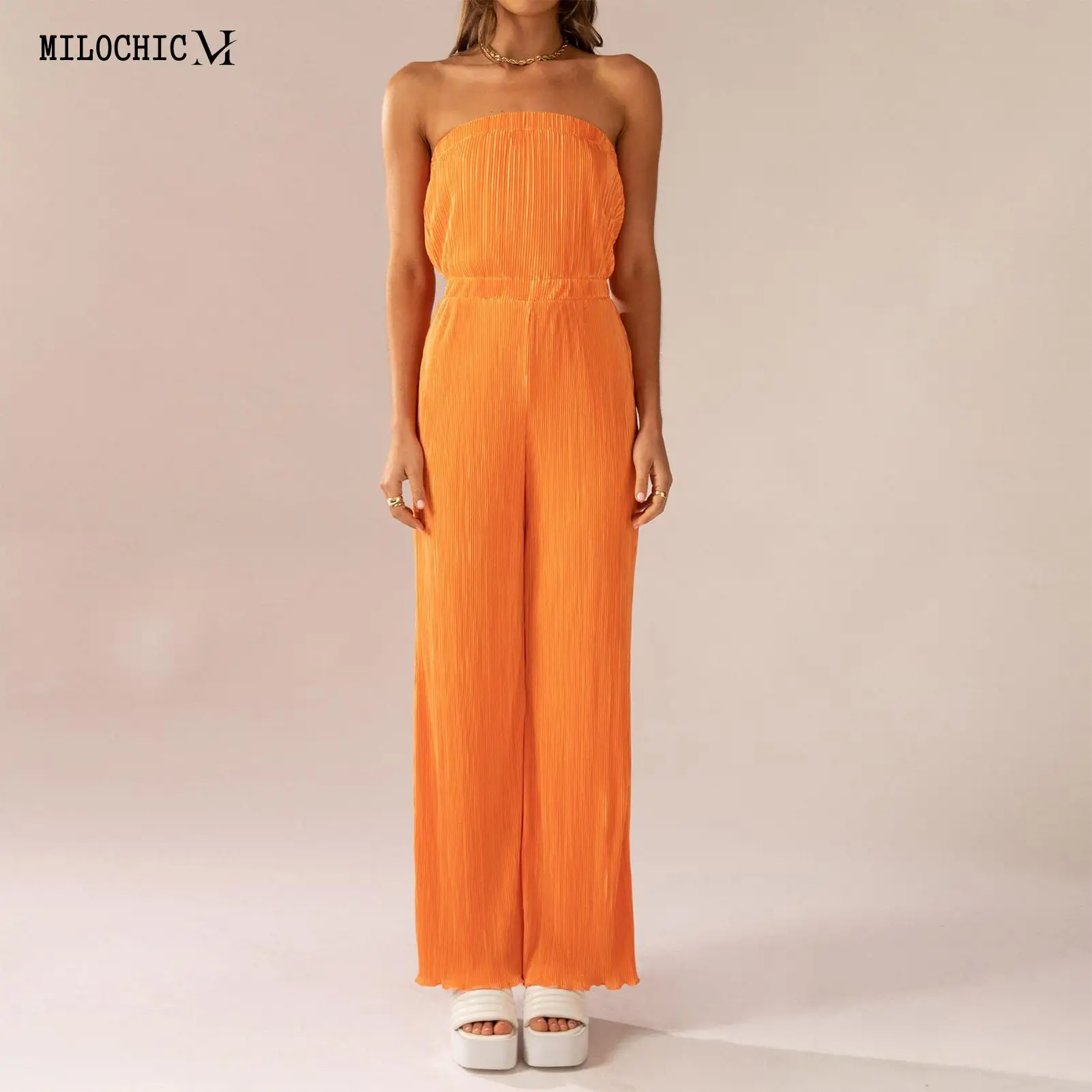 

Women Off Shoulder Jumpsuits Pleated Summer Jumpsuits Fashion Simple High-Waist Casual Solid Color Tooling Jumpsuit