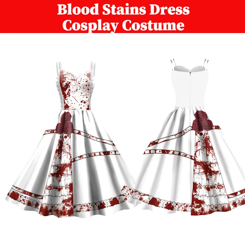 

Blood Stains Print Dress Cosplay Women Dress Costume Outfits Girls Long Skirts Fantastic Suits Halloween Carnival Party Clothes
