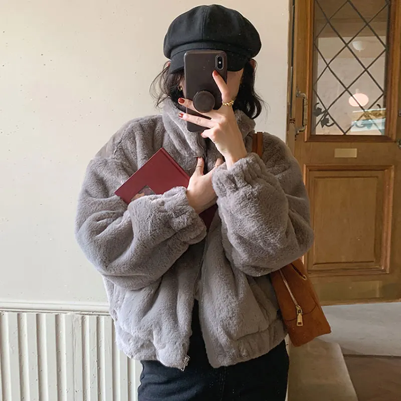 Clothland Women Chic Fur Coat Zipper Stand Collar Long Sleeve Jacket White Gery Casual Thick Winter Coats CA416