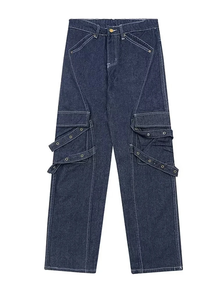 Retro Blue Cargo Wide Jeans for Men Fashionable Zipper Pockets Streamer Streetwear Casual Wide Leg Denim Overalls Hip Hop Denim