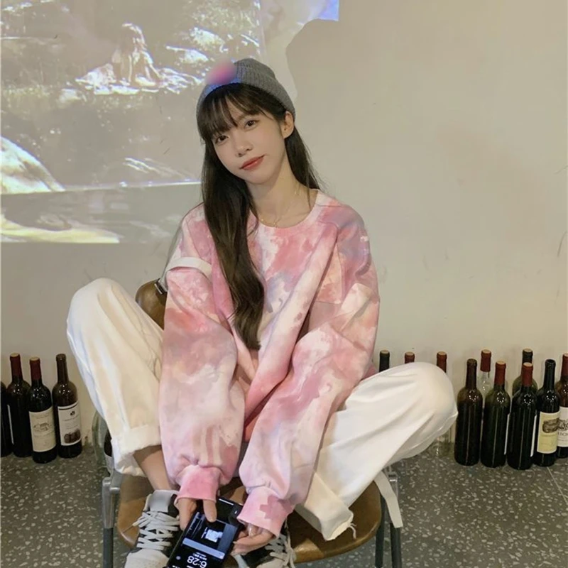 

Women Fashion Pattern Autumn Loose Tie Dye Tops Long Sleeve Plain Basic Casual Tee Sweatshirt Pullover Shirt Sweatshirt
