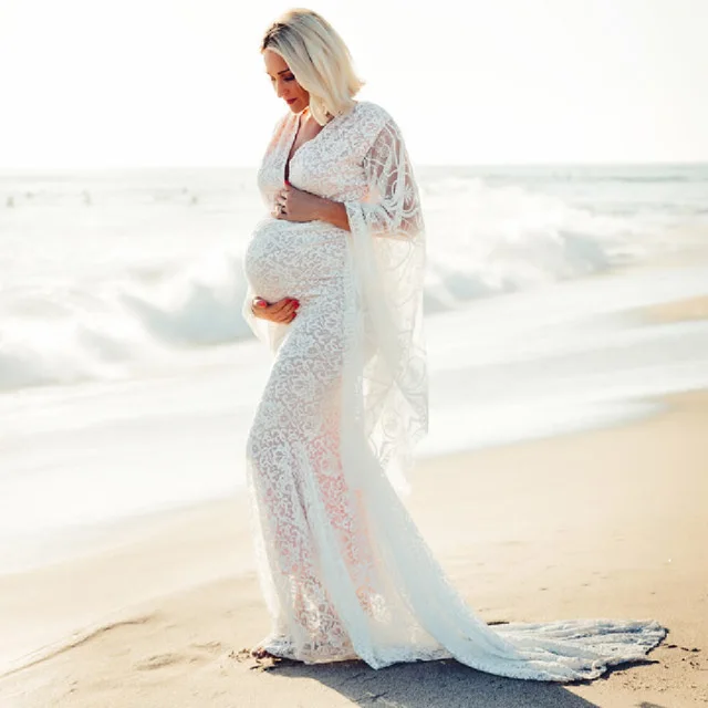 Women's Maternity Dress Lace Maternity Gown V neck Wraped Flare Sleeves Maxi Photography Dress Baby Shower Photo Shoot Dress 4