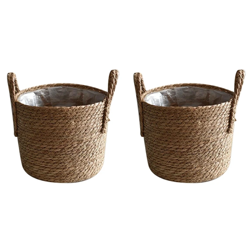 

2X Straw Storage Basket Rattan Floor Flower Pot Crafts Decoration Modern Home Living Room Bedroom Shop Flower Basket