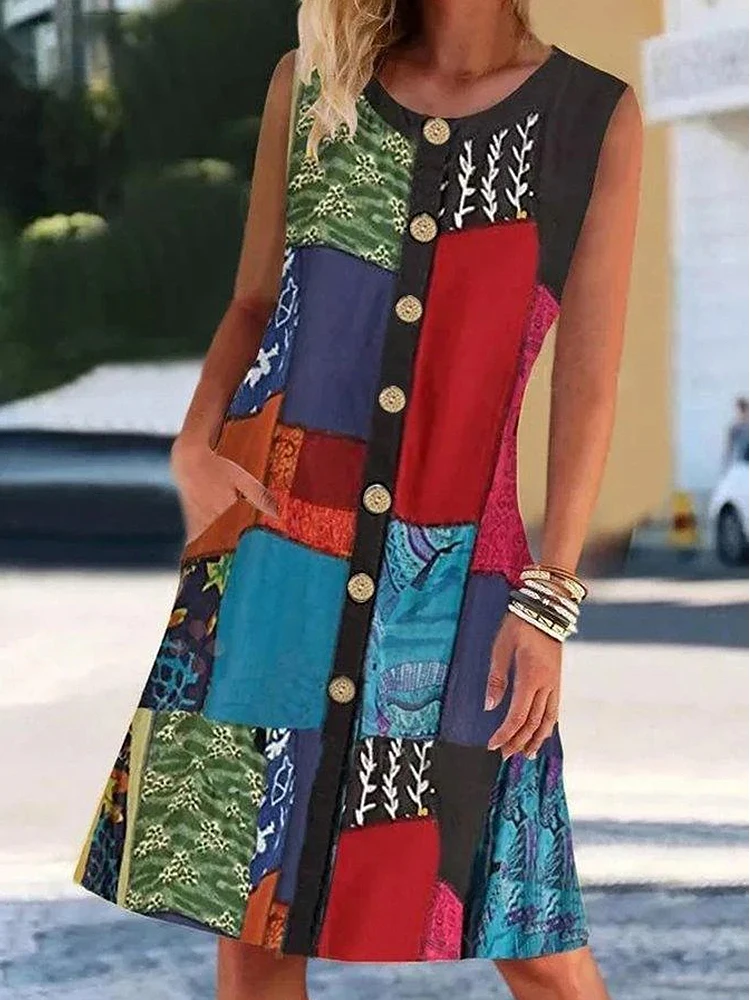 

Colorful Patchwork Sleeveless Summer Dress Women 2022 Round Neck Single Breasted Buttons Design Printed Large Size Vestidos