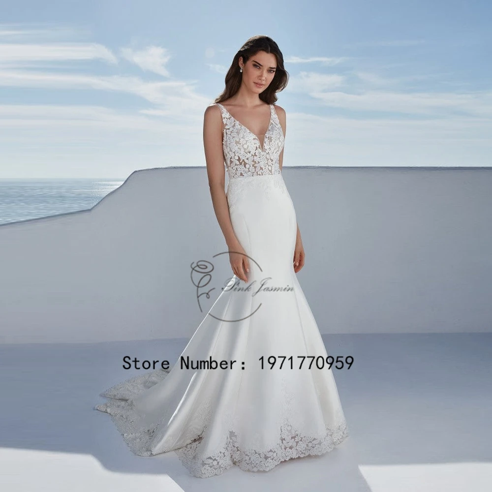 

2024 V-Neck Mermaid White Wedding Dresses For Women Classic Court Train Satin Bride Gowns Lace Applique Lace vestido de noiva