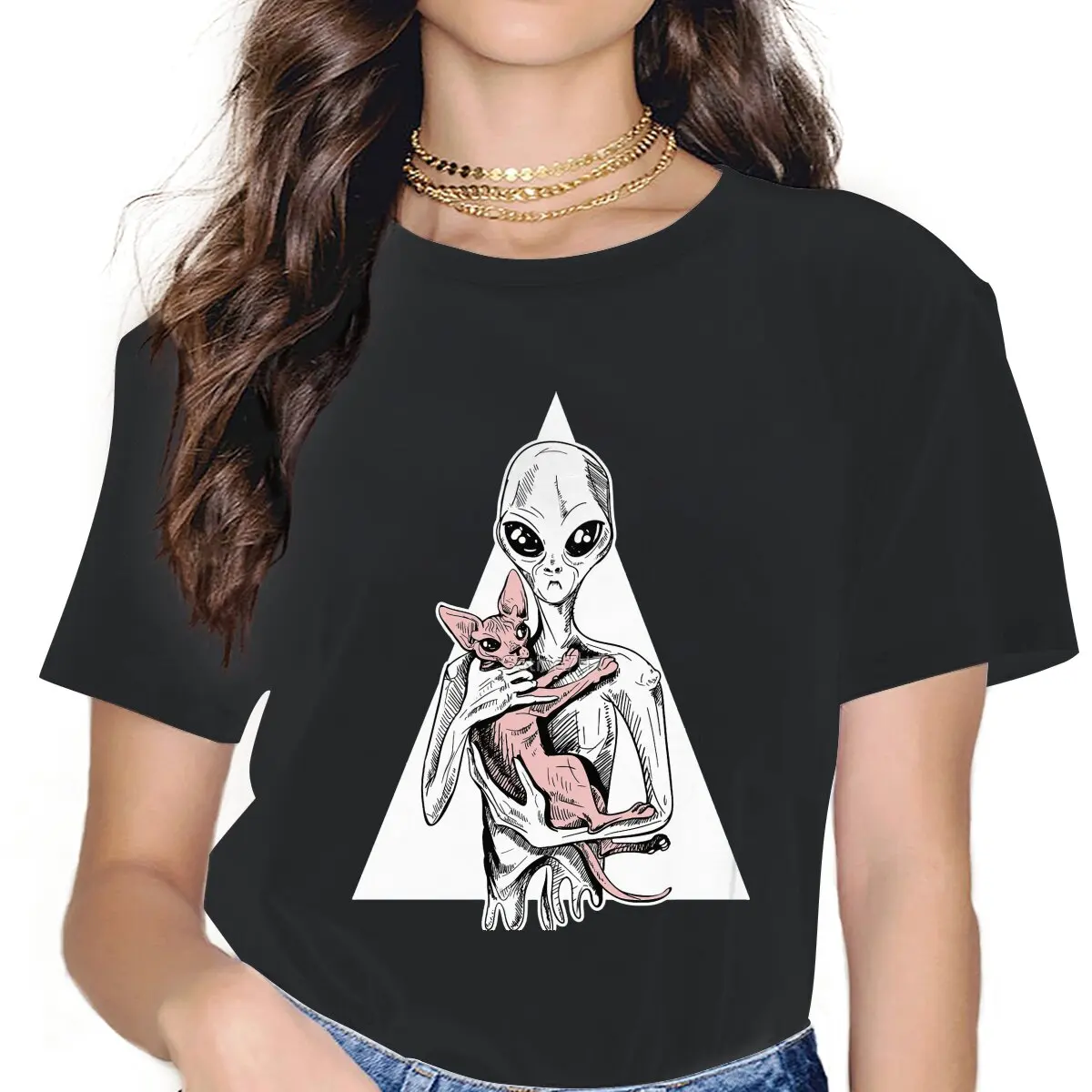

Alien Women Clothing Canadian Sphynx Cat Graphic Female Tshirts Vintage Gothic Loose Tops Tee Kawaii Girls Streetwear