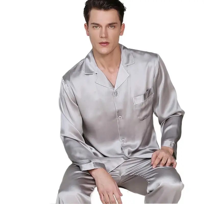 100% Silk Male Two Pieces Pajamas Luxury Solid Color Long Sleeve Pajamas Nightwear Suit For Men's Pajamas For Sleeping